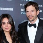 US actor Ashton Kutcher and his wife US actress Mila Kunis arrive for the ninth Breakthrough Prize awards ceremony at the Academy Museum of Motion Pictures in Los Angeles, April 15, 2023.
