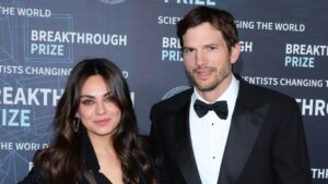US actor Ashton Kutcher and his wife US actress Mila Kunis arrive for the ninth Breakthrough Prize awards ceremony at the Academy Museum of Motion Pictures in Los Angeles, April 15, 2023.
