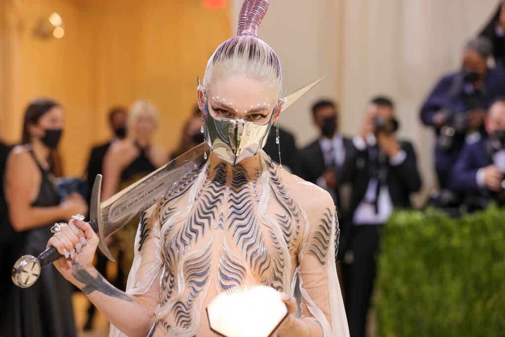 Grimes attends The 2021 Met Gala Celebrating In America: A Lexicon Of Fashion at Metropolitan Museum of Art on September 13, 2021 in New York City. 