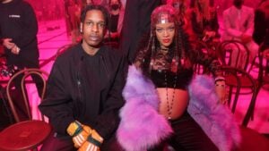 Asap Rocky and Rihanna are seen at the Gucci show during Milan Fashion Week Fall/Winter 2022/23 on February 25, 2022 in Milan, Italy.