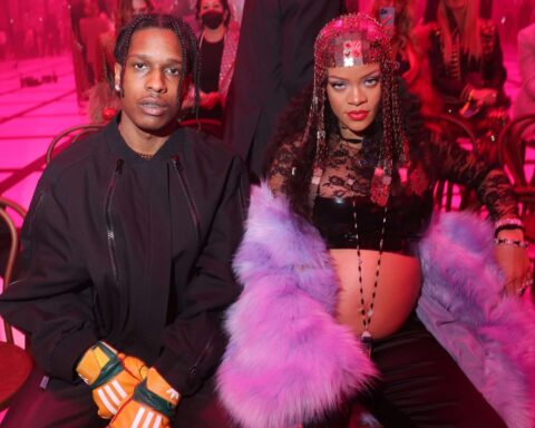 Asap Rocky and Rihanna are seen at the Gucci show during Milan Fashion Week Fall/Winter 2022/23 on February 25, 2022 in Milan, Italy.