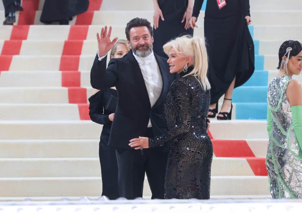 Hugh Jackman and Deborra-Lee Furness are seen attending The 2023 Met Gala Celebrating 'Karl Lagerfeld: A Line Of Beauty' at The Metropolitan Museum of Art on May 01, 2023 in New York City.