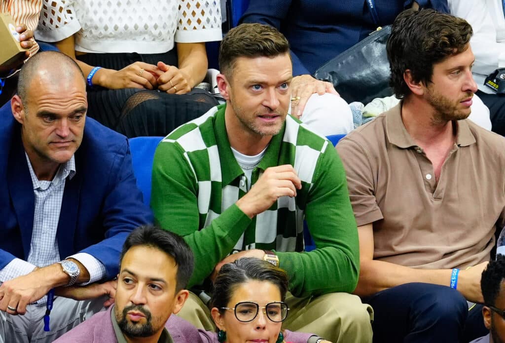 Justin Timberlake is seen at the Men's final match between Novak Djokovic and Danill Medvedev at the 2023 US Open Tennis Championships on September 10, 2023 in New York City. (