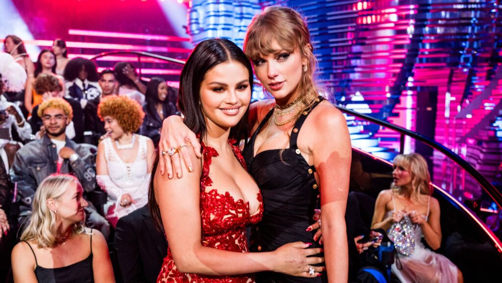 NEWARK, NEW JERSEY - SEPTEMBER 12: (L-R) Selena Gomez and Taylor Swift attend the 2023 Video Music Awards at Prudential Center on September 12, 2023 in Newark, New Jersey. (Photo by John