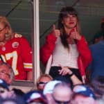KANSAS CITY, MISSOURI - SEPTEMBER 24: Donna Kelce and Taylor Swift are seen during the first half of a game between the Chicago Bears and the Kansas City Chiefs at GEHA Field at Arrowhead Stadium on September 24, 2023 in Kansas City, Missouri.
