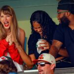 KANSAS CITY, MISSOURI - SEPTEMBER 24: Taylor Swift watches during a regular season game between the Kansas City Chiefs and the Chicago Bears at GEHA Field at Arrowhead Stadium on September 24, 2023 in Kansas City, Missouri.