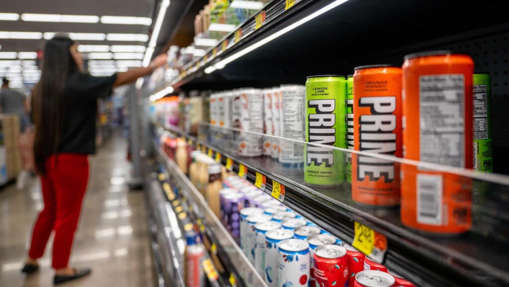PRIME energy drinks are seen on shelves at a Walmart Supercenter on July 10, 2023 in Austin, Texas.