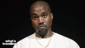 Kanye West wearing a white shirt and gold chain against a black background with "what's trending" text.