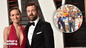 Olivia Wilde in a red dress and Jason Sudeikis in a black tuxedo at a formal event, inset shows them casually with children.