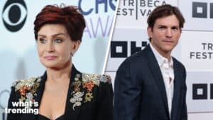 Sharon Osbourne in embellished black blazer and Ashton Kutcher in navy suit at separate events