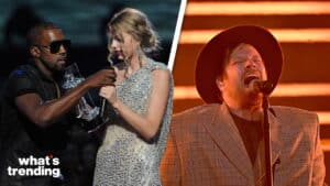 Kanye West interrupts Taylor Swift at the 2009 MTV VMAs and a male singer performs on stage with a microphone.