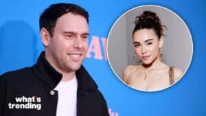 Scooter Braun smiling at an event with an inset photo of actress Madelyn Cline against a blue background.