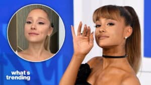 Ariana Grande waving with a choker and black dress, inset of a woman with blonde hair and pearl earrings.
