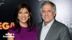 Julie Chen and Les Moonves smiling at a media event with "what's trending" text in the corner