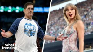 Mark Cuban wearing a Dallas Mavericks shirt and Taylor Swift performing on stage in a stadium crowd
