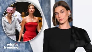 Hailey Bieber in a black dress with puffed sleeve and inset of her with Justin Bieber in casual wear and a red dress.