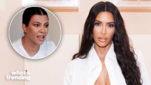 Kim Kardashian with long dark hair and white shirt, inset of Kourtney Kardashian speaking, "what's trending" logo.