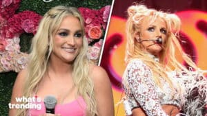 Jamie Lynn Spears smiling with microphone next to Britney Spears performing in white lace outfit on stage