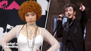 Musician Tems posing at MTV event and singer Conan Gray performing on stage with microphone