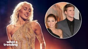 Miley Cyrus performing on stage with inset photo of young Miley Cyrus and Liam Hemsworth at a red carpet event