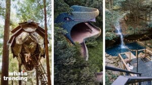 Three unique nature-inspired structures: a metallic pinecone treehouse, a bird-shaped mosaic building, and a waterfall pool with string lights.