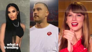 Model wearing black crop top, athlete in white Kansas City Chiefs shirt, and woman clapping with red lipstick and nails