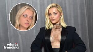 Bebe Rexha in a black blazer and mesh top posing against a gray curtain with an inset of her without makeup