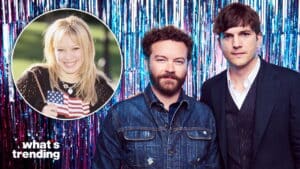 Danny Masterson and Ashton Kutcher posing in front of a shiny blue and pink backdrop with an inset of Hilary Duff smiling outdoors