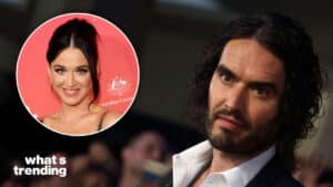 Russell Brand looking serious with inset photo of Katy Perry smiling at an event with Australian Government logo.