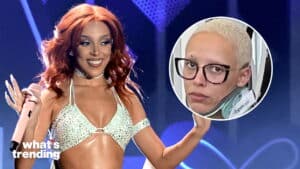 Doja Cat performing on stage with an inset photo of her with short blonde hair and glasses