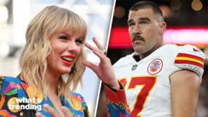 Taylor Swift smiling in colorful outfit and NFL player Travis Kelce in white Kansas City Chiefs jersey number 87