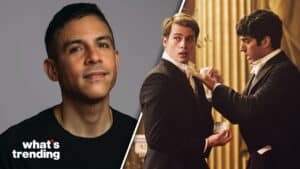 Split image with a man in a black shirt on the left and two men in formal attire adjusting a bow tie on the right