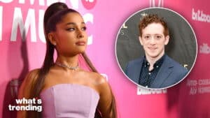 Ariana Grande in a lavender strapless dress at a pink event backdrop, inset of a man in a blue suit and polka dot shirt.