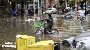 Person in raincoat pushing a bicycle through a flooded urban street with submerged cars and pedestrians in rain gear