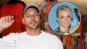 Scooter Braun wearing a white shirt and cap with an inset photo of Britney Spears smiling at an event.