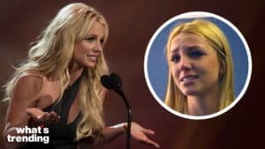 Britney Spears speaking at a microphone with a circular inset of a younger Britney Spears crying against a blue background