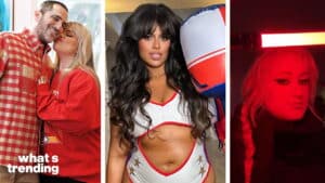 Three women in different settings: one kissing a man on the cheek, one in a white and red cut-out outfit, and one illuminated by red light holding a light stick.