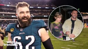 Philadelphia Eagles player Jason Kelce smiling on the field with inset of Taylor Swift and Travis Kelce holding hands at night