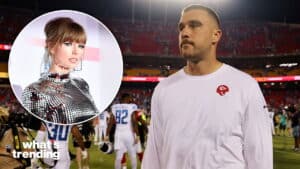 Kansas City Chiefs player Travis Kelce on the field with an inset of singer Taylor Swift in a silver outfit