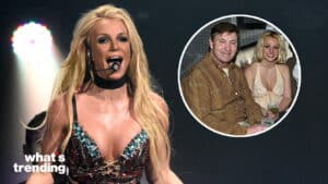 Britney Spears performing on stage with inset photo of young Britney Spears and her father Jamie Spears sitting together.
