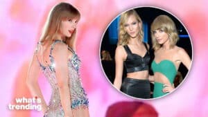 Taylor Swift in a sparkling dress with Karlie Kloss in black and Taylor Swift in green at an event.