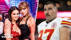 Selena Gomez and Taylor Swift posing together at an event, and NFL player Travis Kelce in a Kansas City Chiefs uniform.