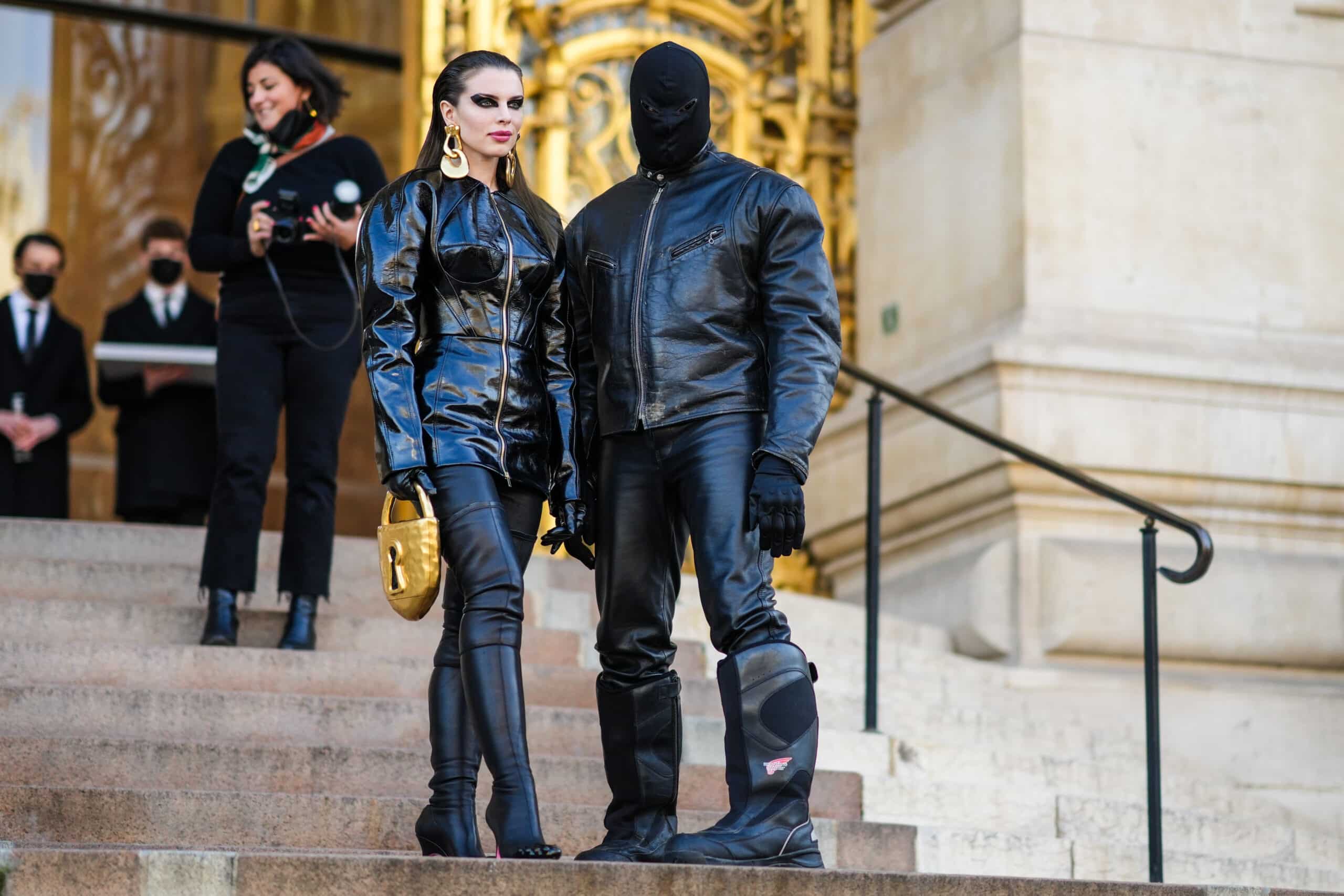 PARIS, FRANCE - JANUARY 24: Julia Fox and Ye are seen, outside Schiaparelli, during Paris Fashion Week - Haute Couture Spring/Summer 2022, on January 24, 2022 in Paris, France.