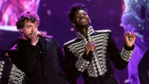LAS VEGAS, NEVADA - APRIL 03: (L-R) Jack Harlow and Lil Nas X perform onstage during the 64th Annual GRAMMY Awards at MGM Grand Garden Arena on April 03, 2022 in Las Vegas, Nevada.