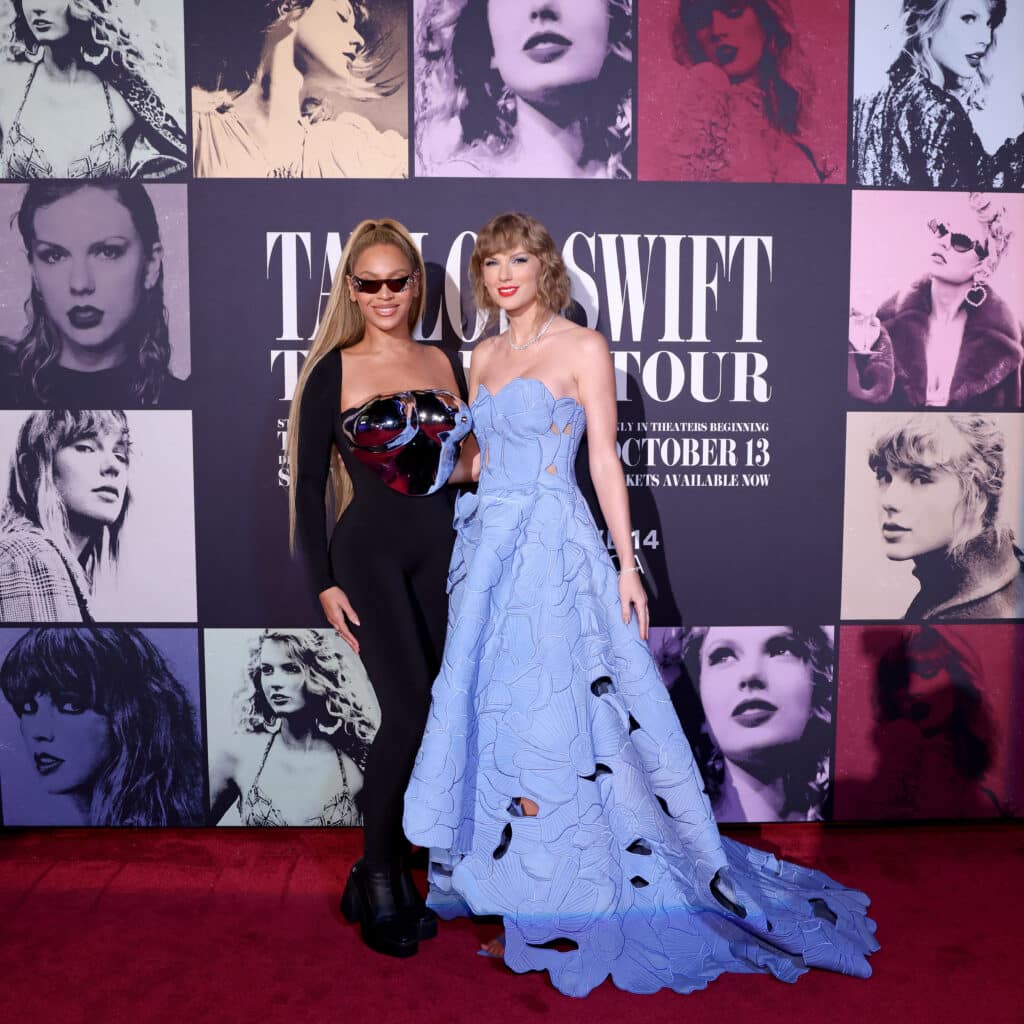 LOS ANGELES, CALIFORNIA - OCTOBER 11: (L-R) Beyoncé Knowles-Carter and Taylor Swift attend the "Taylor Swift: The Eras Tour" Concert Movie World Premiere at AMC The Grove 14 on October 11, 2023 in Los Angeles, California.