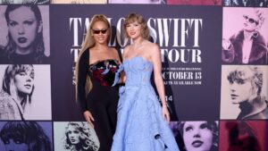 LOS ANGELES, CALIFORNIA - OCTOBER 11: (L-R) Beyoncé Knowles-Carter and Taylor Swift attend the "Taylor Swift: The Eras Tour" Concert Movie World Premiere at AMC The Grove 14 on October 11, 2023 in Los Angeles, California.