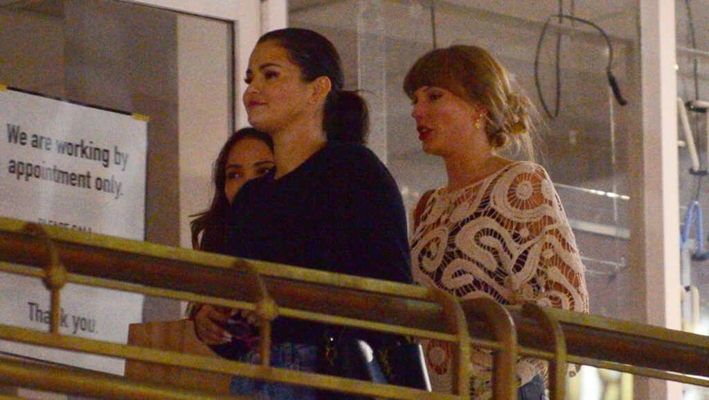 Taylor Swift and Selena Gomez are seen at sushi park on October 19, 2023 in Los Angeles, California.