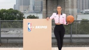Kim Kardashian poses at the announcement of SKIMS being named the official underwear partner of the NBA, WNBA, and USA Basketball on September 28, 2023 in New York City.