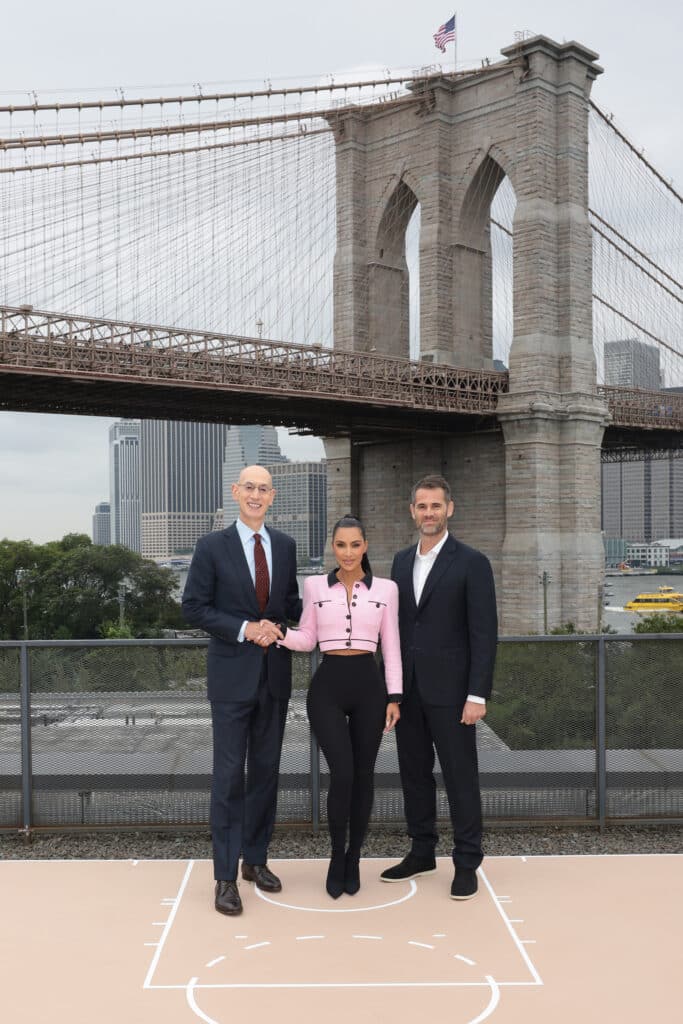 NBA Commissioner Adam Silver, Co-Founder & Creative Director of SKIMS Kim Kardashian and Co-Founder & CEO of SKIMS Jens Grede announce SKIMS being named the official underwear partner of the NBA, WNBA, and USA Basketball on September 28, 2023 in New York City.