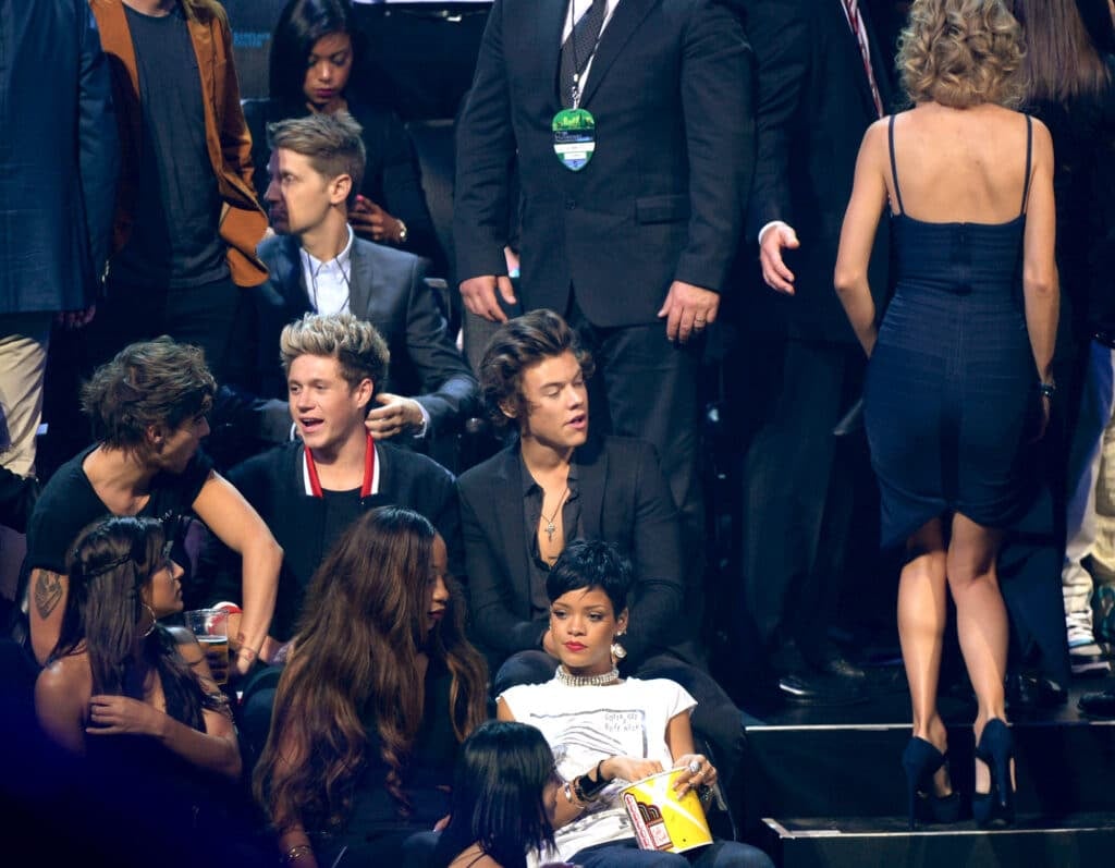 Louis Tomlinson, Niall Horan, Harry Styles and Taylor Swift attend the 2013 MTV Video Music Awards at the Barclays Center on August 25, 2013 in the Brooklyn borough of New York City.